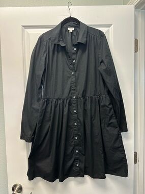 J. Crew Black Button-Front Long Sleeve Cotton Blend Gathered Shirt Dress